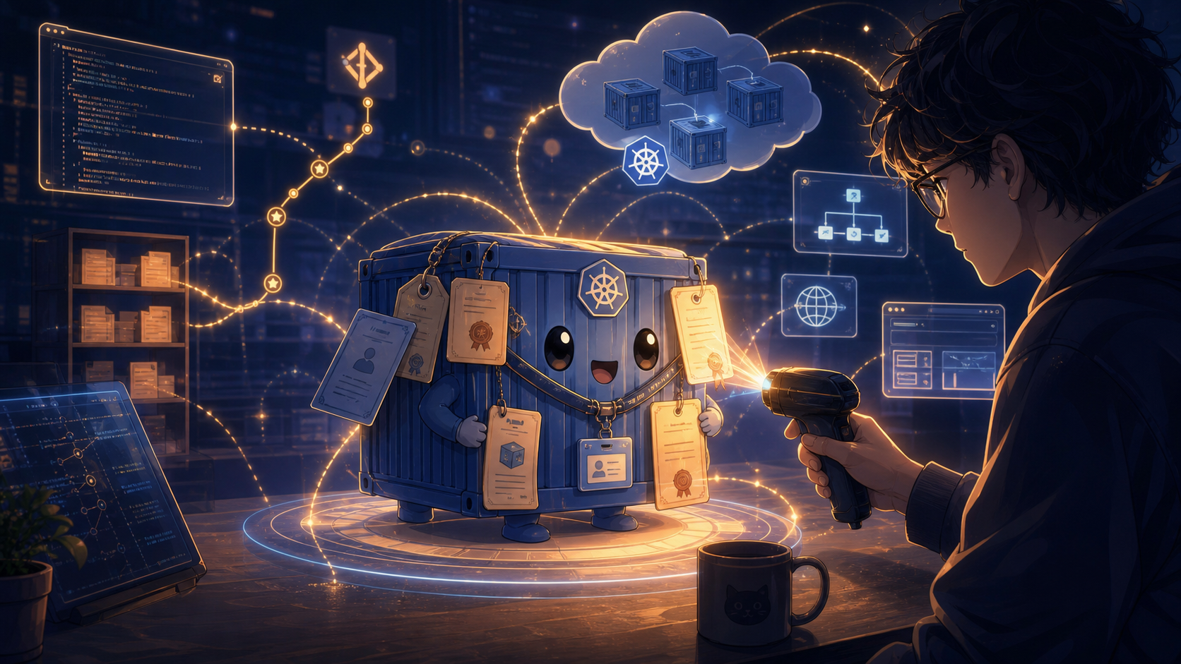 A Kubernetes pod carrying annotations like paperwork while a coding agent scans it